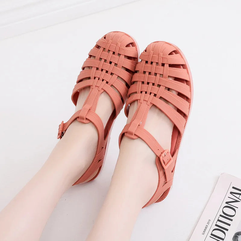 PVC Sandals Women Summer Shoes Roman Sandals Ladies Casual Flat Sole Hollow Candy Color Sandal Beach Shoes