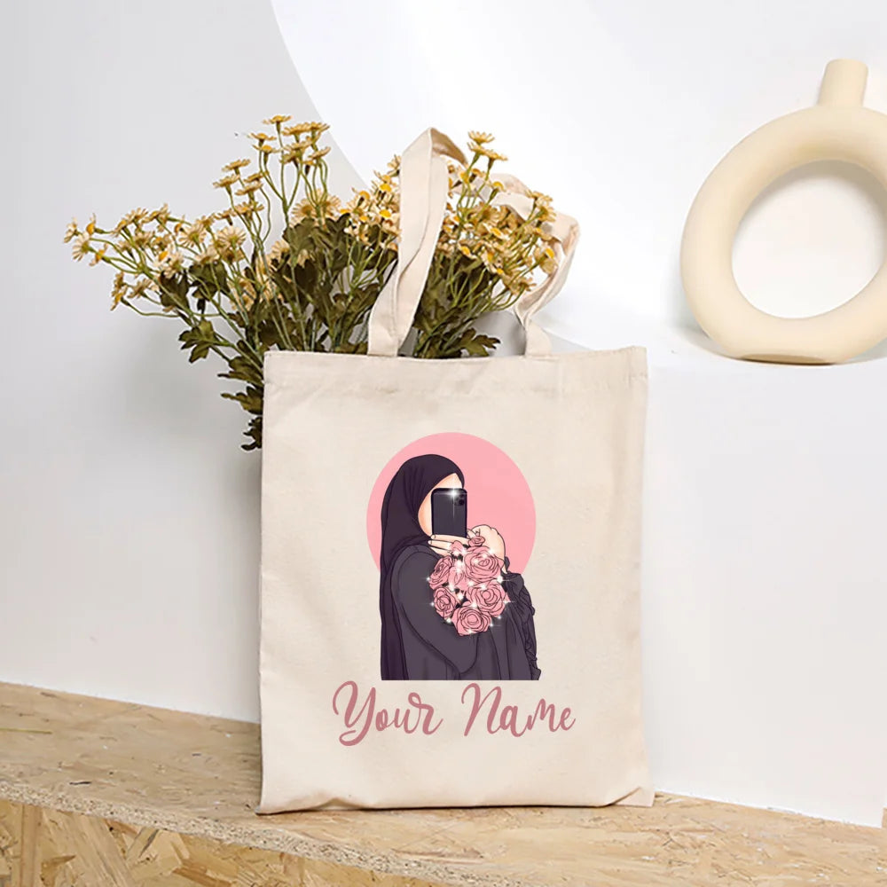 Personalized Hijabi Girls with Name Shoulder Bag Female Travel Canvas Bags Muslim Girls Handbag Harajuku Tote Eid Gift for Her