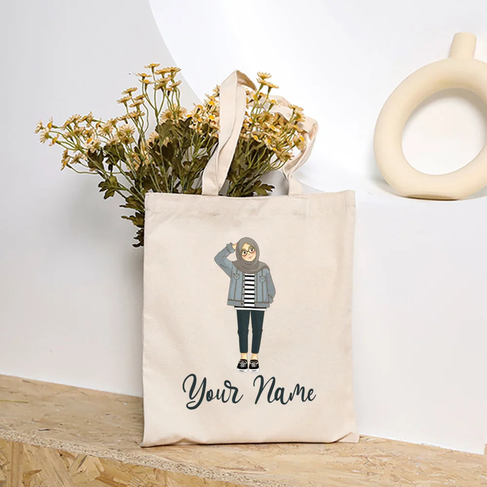 Personalized Hijabi Girls with Name Shoulder Bag Female Travel Canvas Bags Muslim Girls Handbag Harajuku Tote Eid Gift for Her