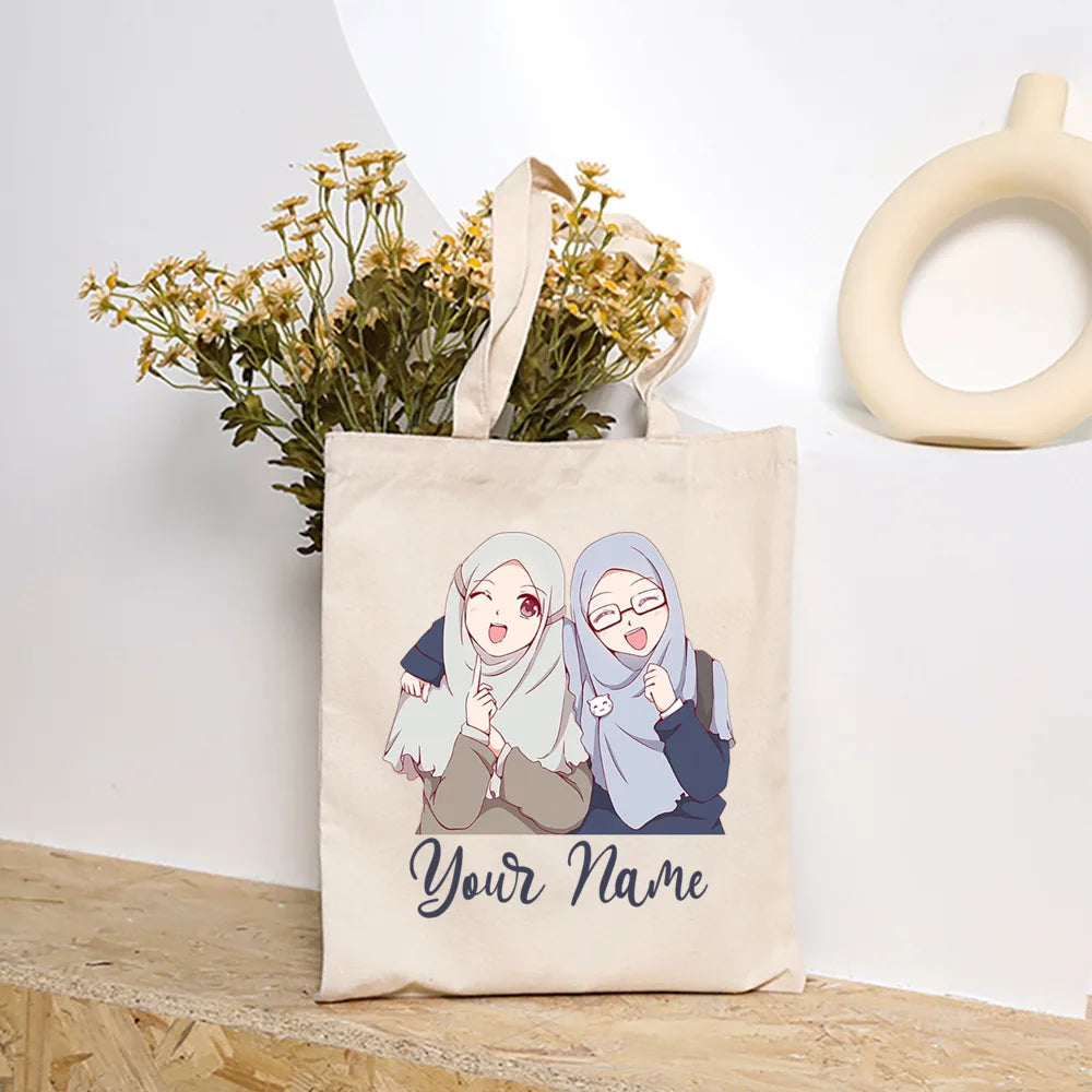 Personalized Hijabi Girls with Name Shoulder Bag Female Travel Canvas Bags Muslim Girls Handbag Harajuku Tote Eid Gift for Her