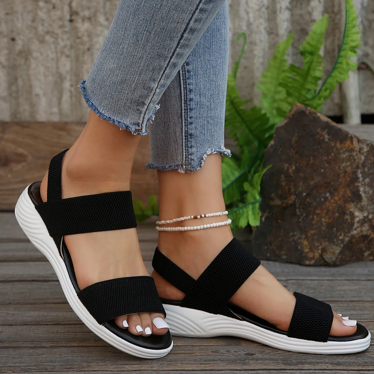 Women's Knit Elastic Cloth Wedge Sandals Slip on Lightweight Walking Sandals Ladies Plus Size Comfortable Summer Shoes for Women