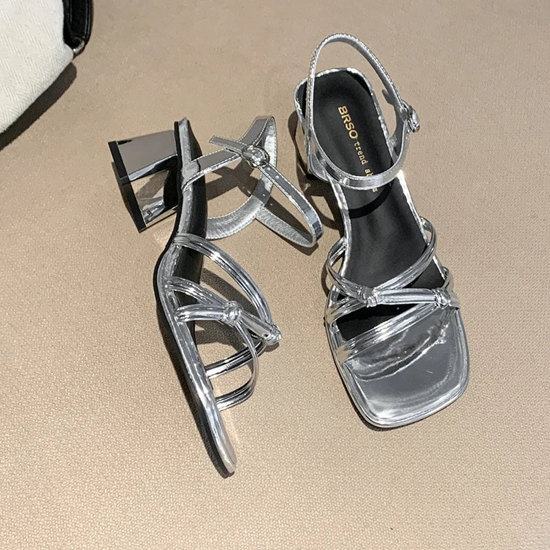 Women's Sandals Summer New Square Heel High Shoes Fashion Roman Sandals Black and White Open Toed Woman Slippers Ladies Shoes