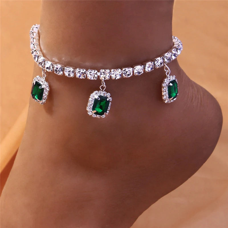 Huitan Paved Green/White CZ Anklet for Women Boho Style Girl Barefoot Sandals Bracelet Ankle on the Leg Beach Summer Accessories
