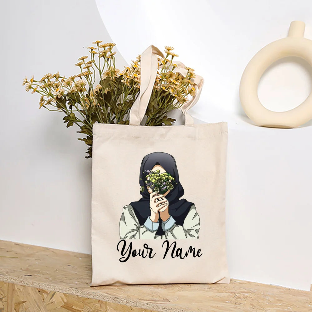 Personalized Hijabi Girls with Name Shoulder Bag Female Travel Canvas Bags Muslim Girls Handbag Harajuku Tote Eid Gift for Her