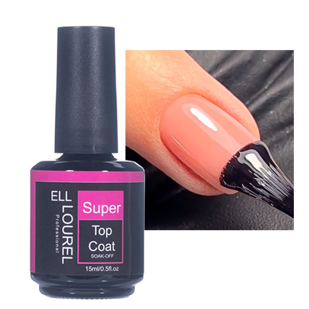 ELL LOUREL Upgrade Base Coat Top Coat No Wipe UV Gel Polish 15ML Semi Permanent Glitter Tempered Top Function Gel Nail Polish