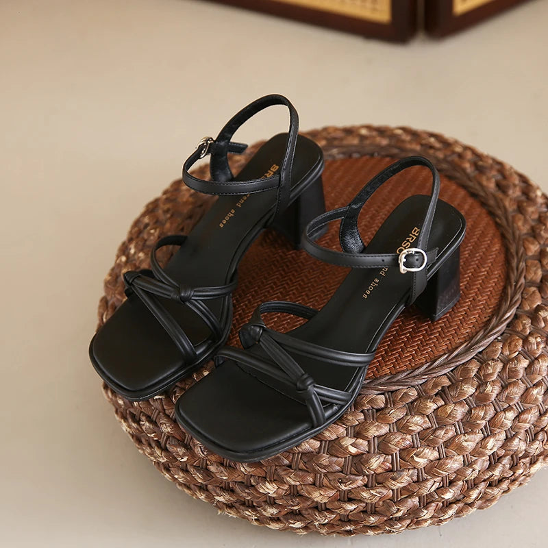 Summer Women Narrow Band Sandals Fashion Thick Heel Shoes Ladies Casual Dress Street Style Sandalis