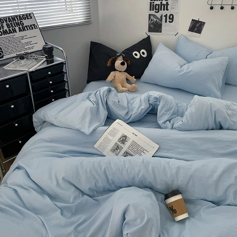 1pc Blue Duvet Cover 150x200 Washed Cotton Quilt Cover Queen Size Bed Linen for Girls Boys Room (Pillowcase Need Order)