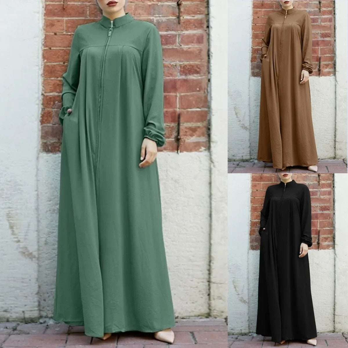New Muslim Women's Clothing Arabic Style Stand Collar Zipper Up Bagged Elegant Loose Fit Casual Dress H702#