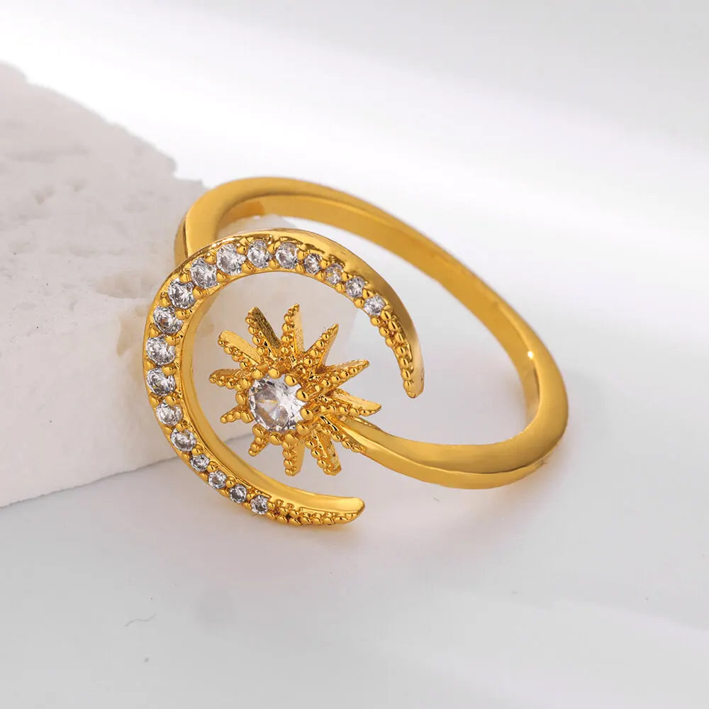 Shiny Zircon Star Moon Open Rings For Women Men Adjsuatble Gold Color Stainless Steel Ring Female Aesthetic Jewelry Gift