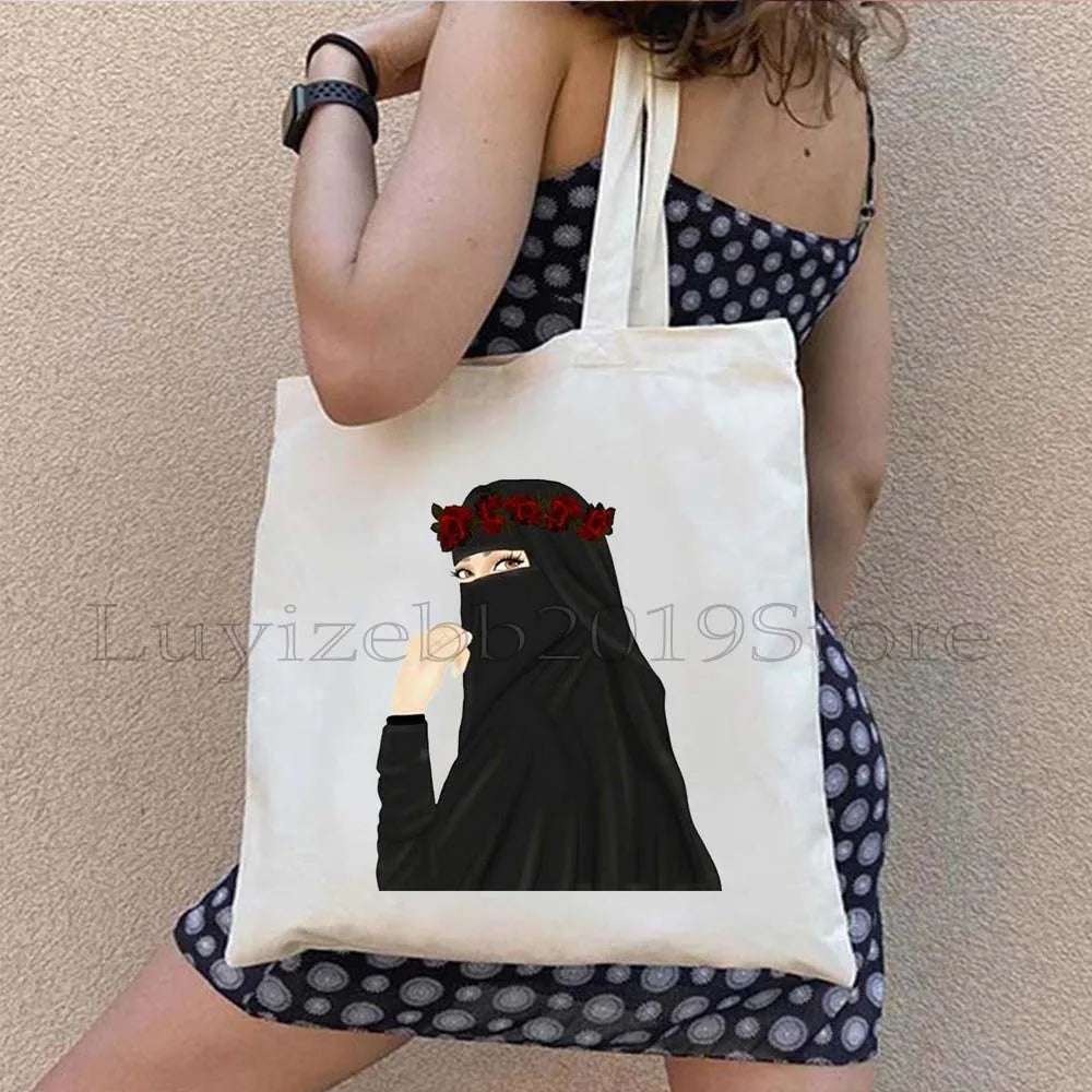 Watercolor Floral Muslim Hijab Women Muslim islamic islam Arabian Shopper Canvas Tote Bag Harajuku Reusable Shoulder Handbag