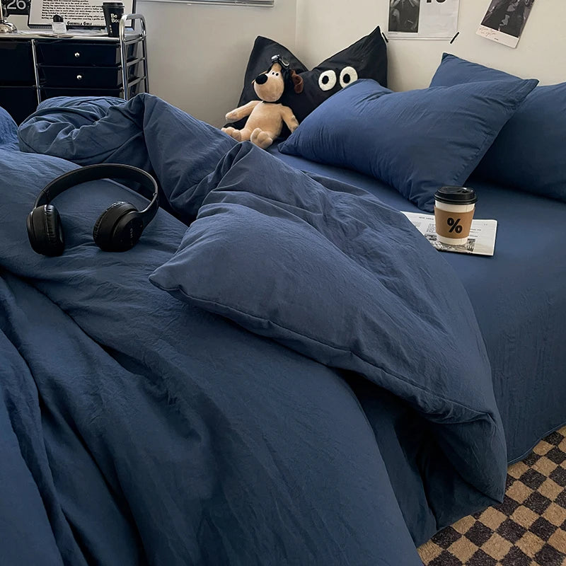 1pc Blue Duvet Cover 150x200 Washed Cotton Quilt Cover Queen Size Bed Linen for Girls Boys Room (Pillowcase Need Order)