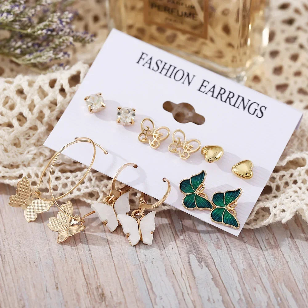 Green Butterfly Heart Dangle Earring Set for Girls Acrylic Gold Color Pearl Set Ear Rings 2023 New Fashion Jewelry Gifts