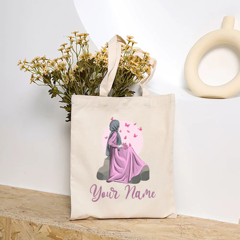 Personalized Hijabi Girls with Name Shoulder Bag Female Travel Canvas Bags Muslim Girls Handbag Harajuku Tote Eid Gift for Her