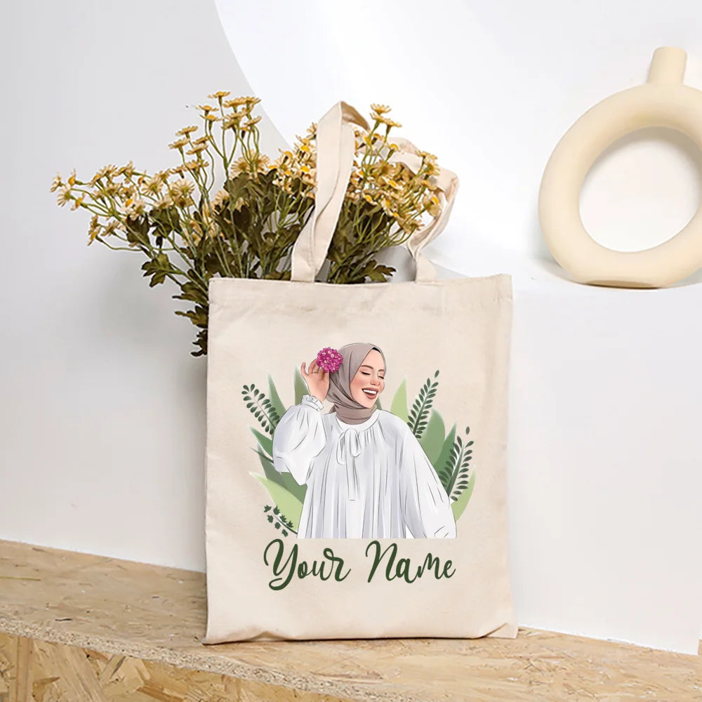 Personalized Hijabi Girls with Name Shoulder Bag Female Travel Canvas Bags Muslim Girls Handbag Harajuku Tote Eid Gift for Her