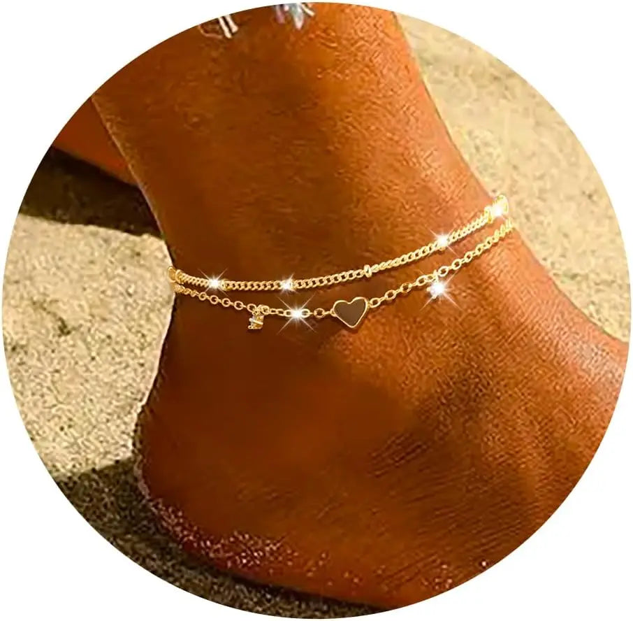 Waterproof Anklet Bracelet for Women, Dainty Stainless Steel CZ & Heart Charm Dainty Layer Chain Anklets for Teen Girls Trendy