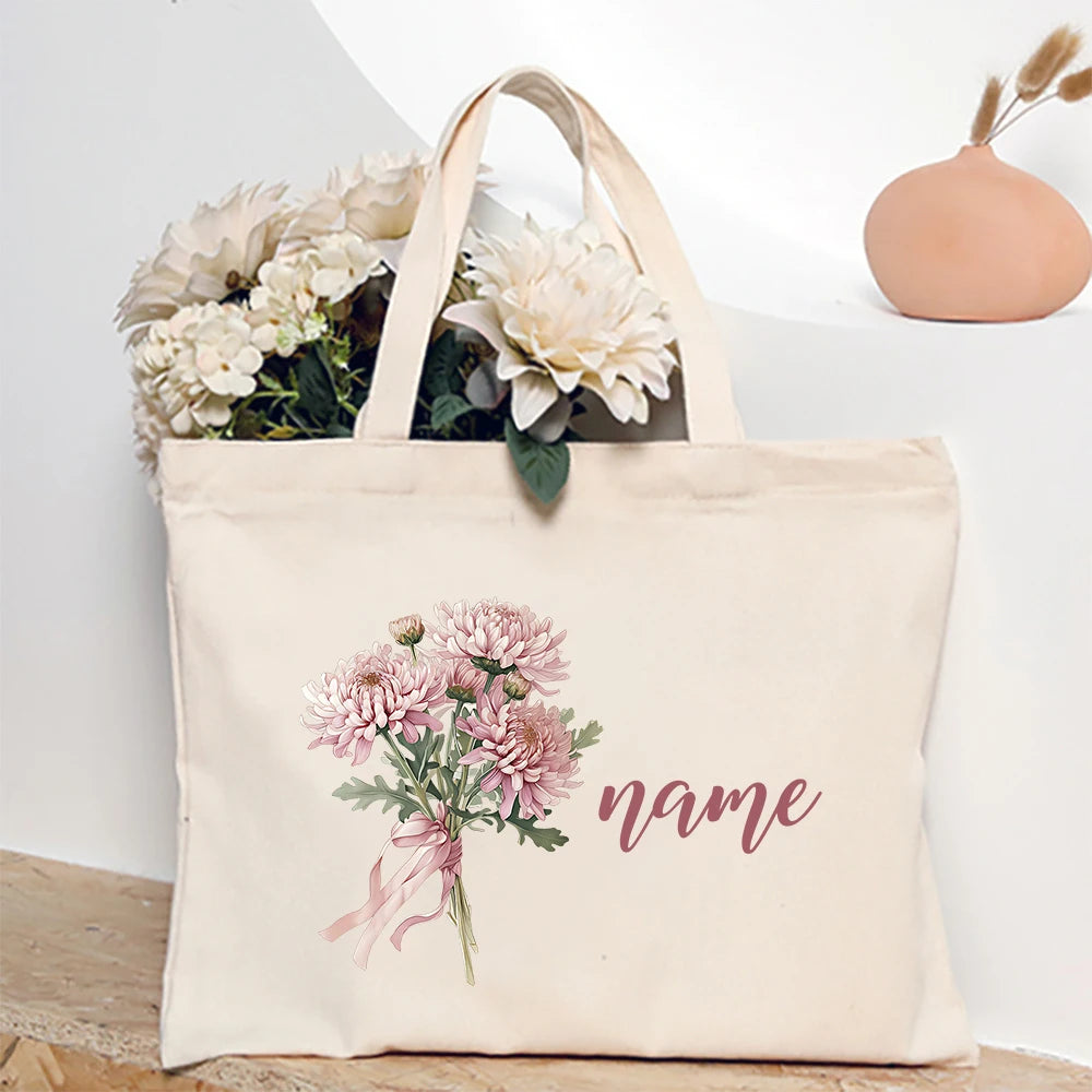 Personalized Shoulder Bag Birth Month Flower with Name Tote Bag Monogram Canvas Bags Wendding Birthday Holiday Best Gift for Her