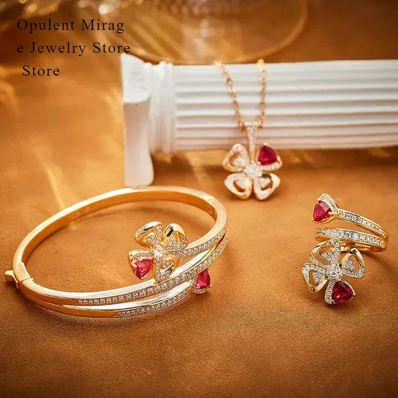 S925 Luxurious Set of Rose Colored Rings, Bracelets, and Necklaces. Where Opulence Meets Elegance,As Unique As You Are