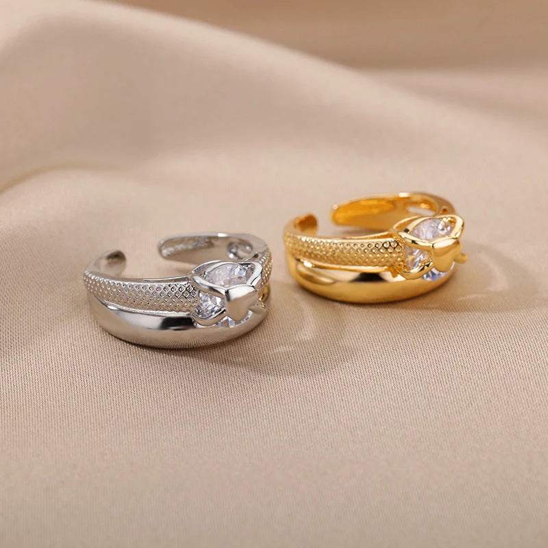 Heart Rings for Women Grils Gold Plated Adjustable Stainless Steel Ring 2025 Trend Luxury Wedding Couple Jewelry anillos mujer
