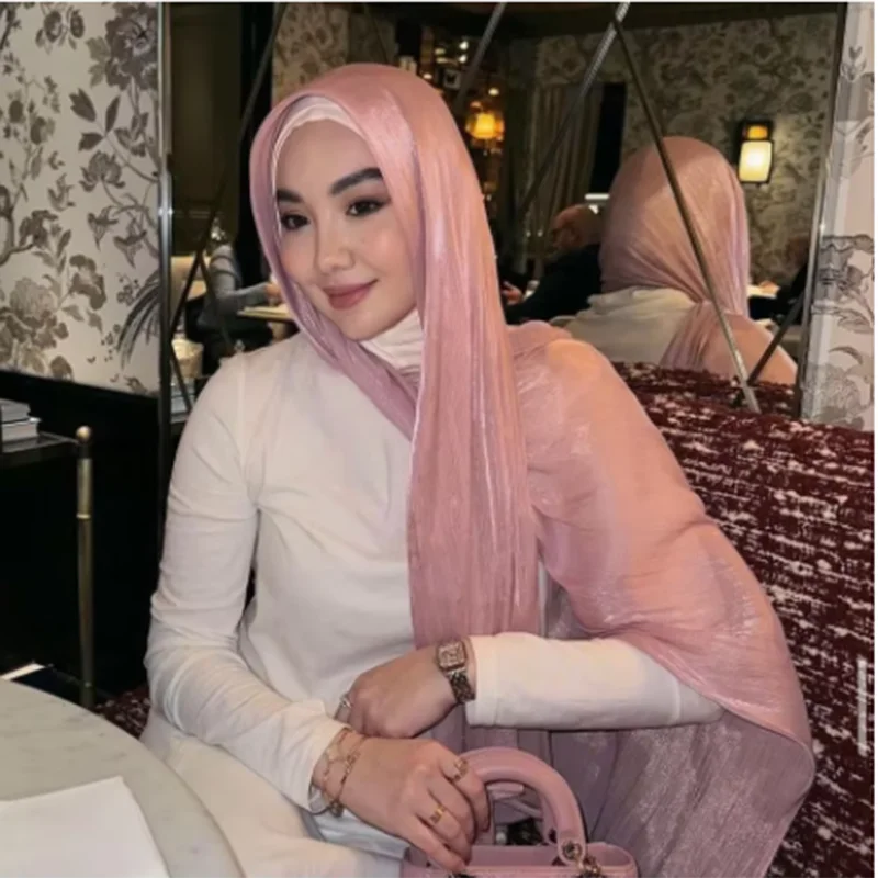 Fashion Plain Shimmer Hijab Wrinkle Scarf Muslim Woman Hijab Shawls Islam Woman Long Wraps Femme Headband Pure Turban