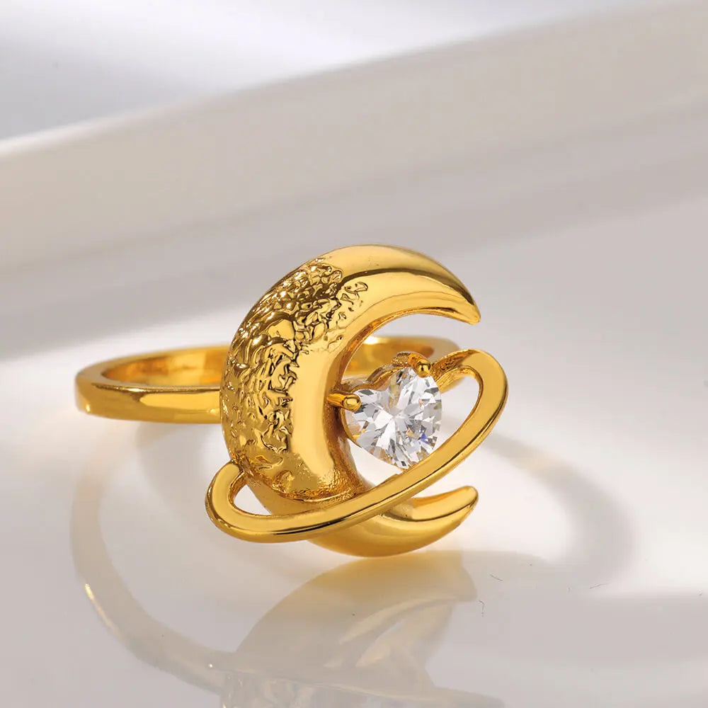 Shiny Zircon Star Moon Open Rings For Women Men Adjsuatble Gold Color Stainless Steel Ring Female Aesthetic Jewelry Gift