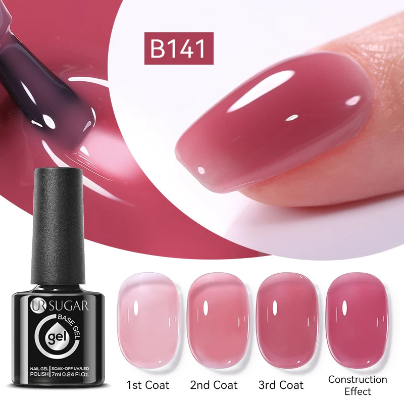 UR SUGAR 7ml Pale Pink Rubber Base Gel Nude Color Semi Permant Soak Off UV LED Self-leveling Gel Varnishes Great Coverage