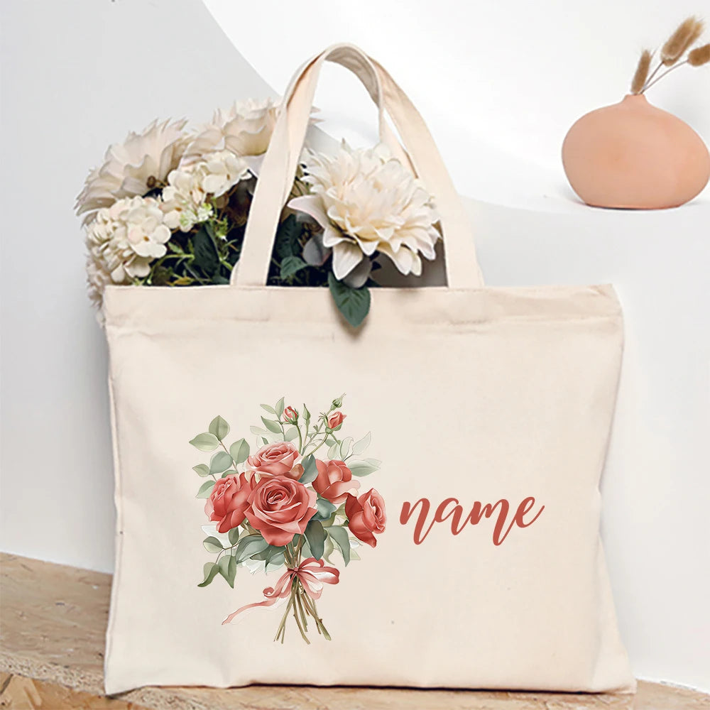 Personalized Shoulder Bag Birth Month Flower with Name Tote Bag Monogram Canvas Bags Wendding Birthday Holiday Best Gift for Her