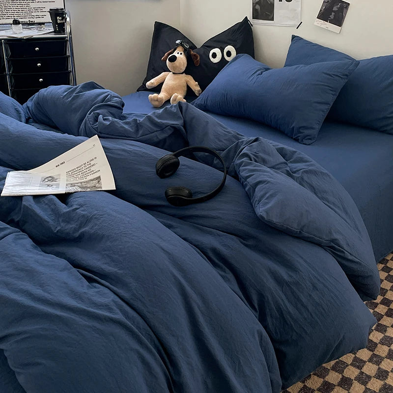 1pc Blue Duvet Cover 150x200 Washed Cotton Quilt Cover Queen Size Bed Linen for Girls Boys Room (Pillowcase Need Order)