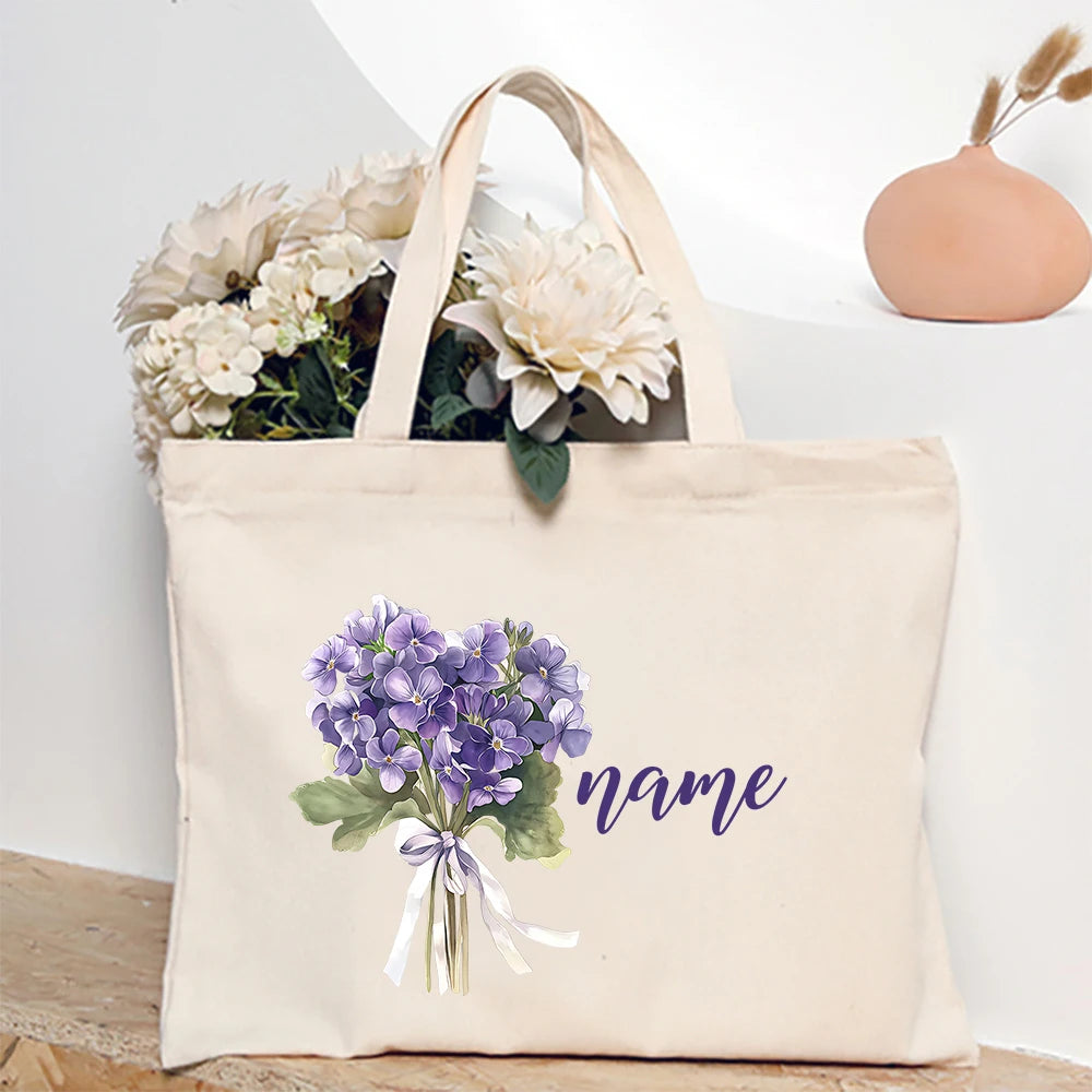 Personalized Shoulder Bag Birth Month Flower with Name Tote Bag Monogram Canvas Bags Wendding Birthday Holiday Best Gift for Her