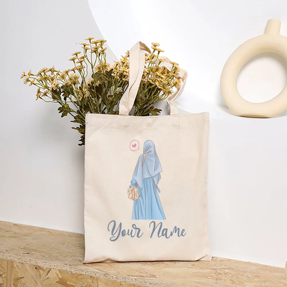 Personalized Hijabi Girls with Name Shoulder Bag Female Travel Canvas Bags Muslim Girls Handbag Harajuku Tote Eid Gift for Her