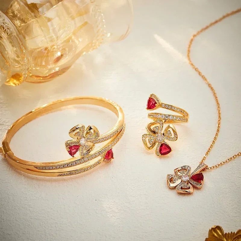 S925 Luxurious Set of Rose Colored Rings, Bracelets, and Necklaces. Where Opulence Meets Elegance,As Unique As You Are