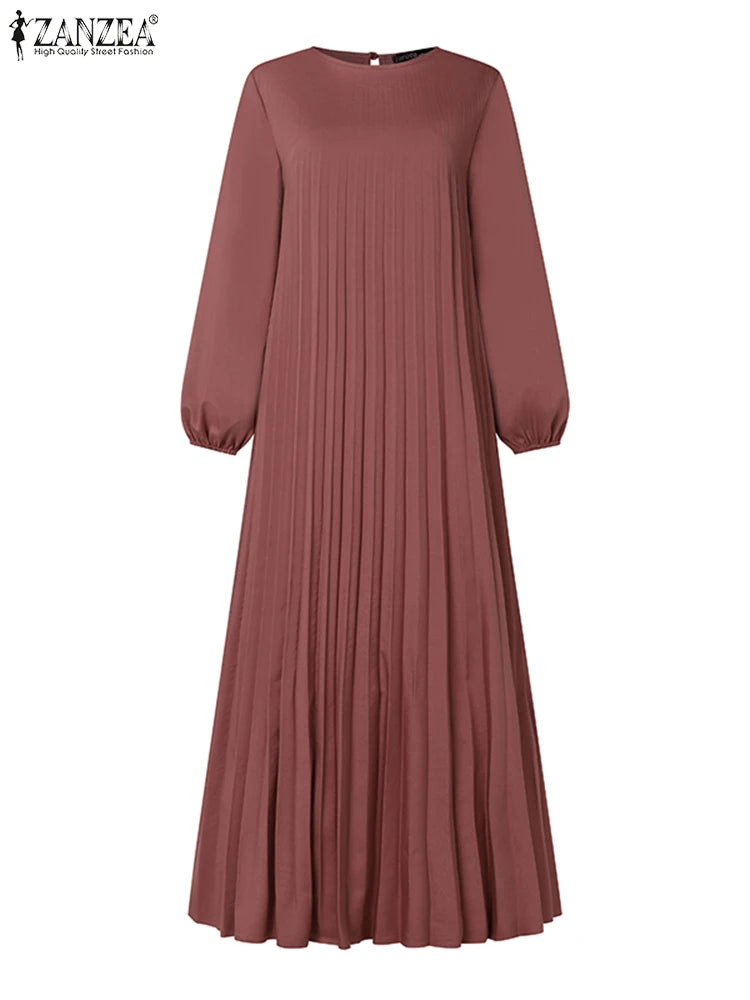 ZANZEA Islamic Hijab Women Abaya Robe Elegant Muslim Fashion O Neck Solid Pleated Dress Spring 2025 Casual Loose A-line Vestidos