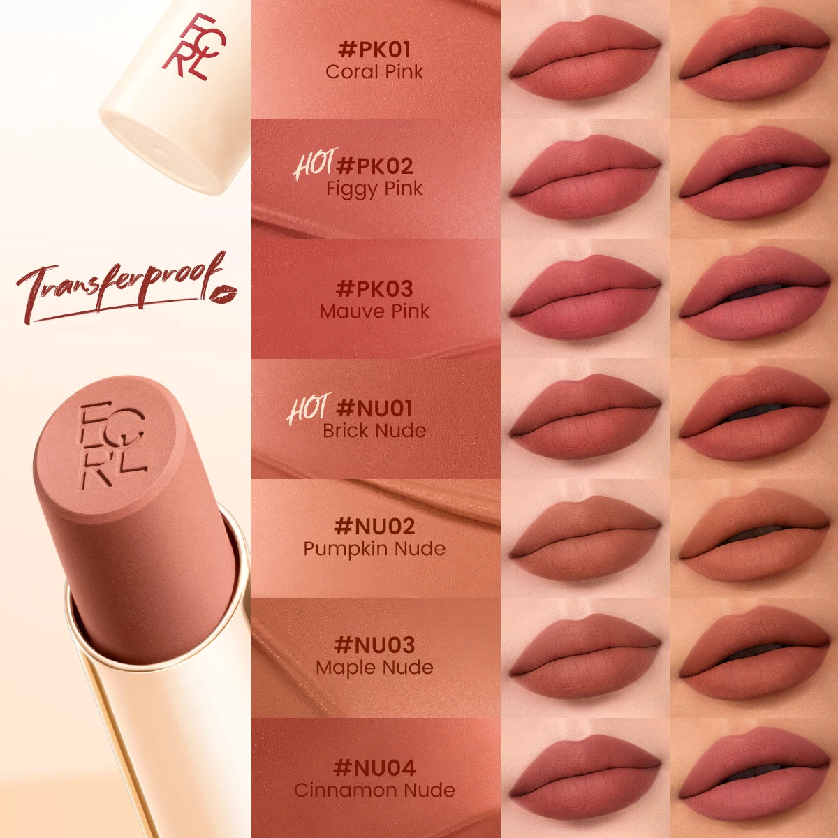 FOCALLURE Lightweight Matte Lipstick Waterproof Transferproof Lip Balms High Pigmented Moisturizing Lip Tints Makeup Cosmetics