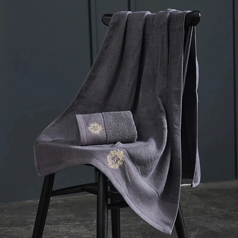 Bath Towels Cotton 140x70cm, Large Bathroom Thick Shower Towel Cover, Embroidered Gift Sport Blue White Brown Black Green Grey