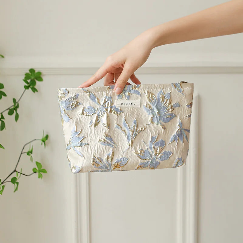 Women's Makeup Bag, Blue Bouquet, Large Capacity Sanitary Napkin, Touch-up, Makeup Supplies, Canvas Storage Bag, Toiletry Bag