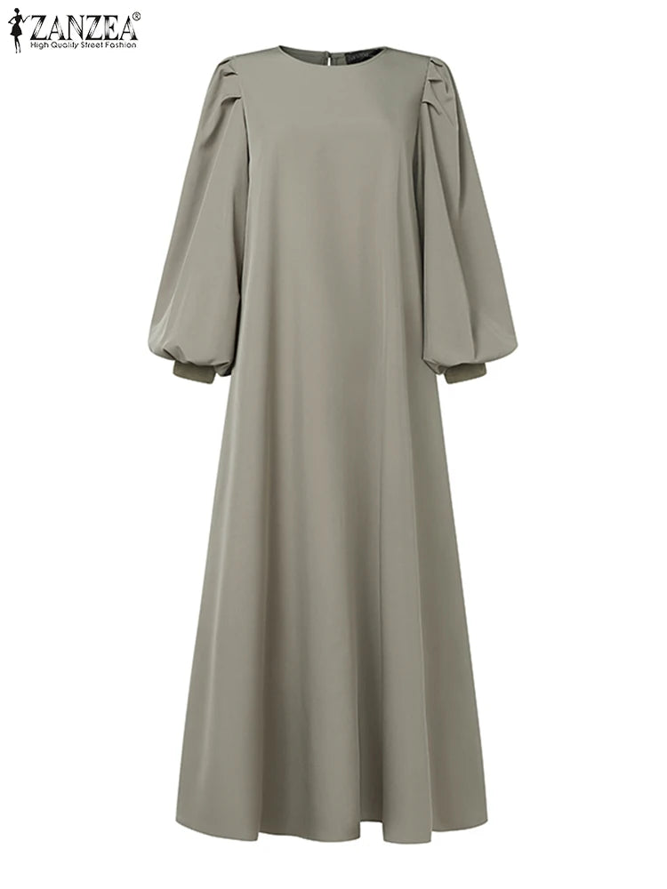 ZANZEA Islamic Hijab Dresses Elegant Long Lantern Sleeve Muslim Abaya Dress Maxi Robe Women Sundress Casual Solid Loose Vestidos