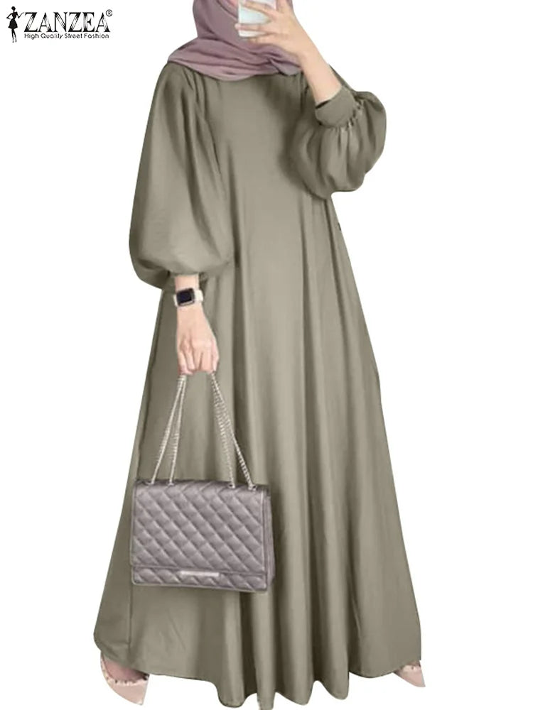 ZANZEA Islamic Hijab Dresses Elegant Long Lantern Sleeve Muslim Abaya Dress Maxi Robe Women Sundress Casual Solid Loose Vestidos