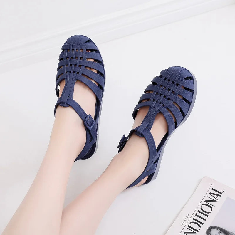 PVC Sandals Women Summer Shoes Roman Sandals Ladies Casual Flat Sole Hollow Candy Color Sandal Beach Shoes