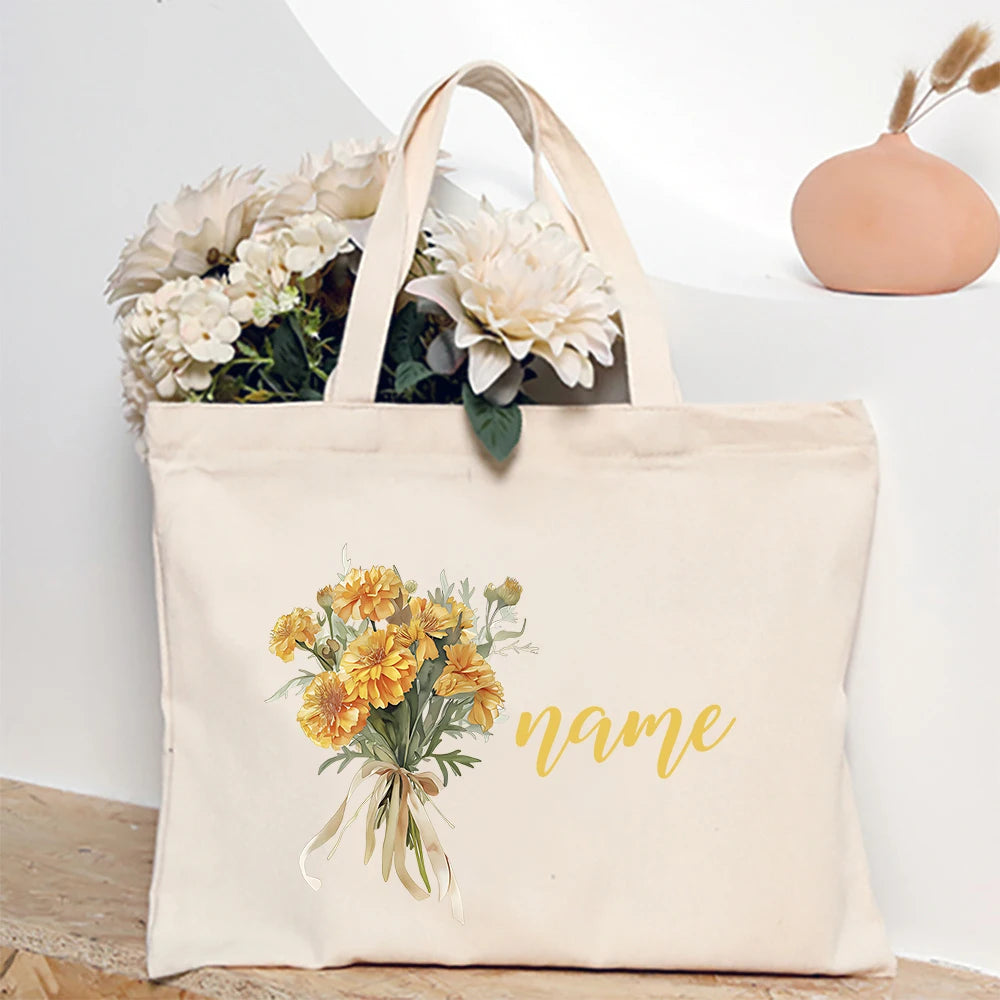 Personalized Shoulder Bag Birth Month Flower with Name Tote Bag Monogram Canvas Bags Wendding Birthday Holiday Best Gift for Her