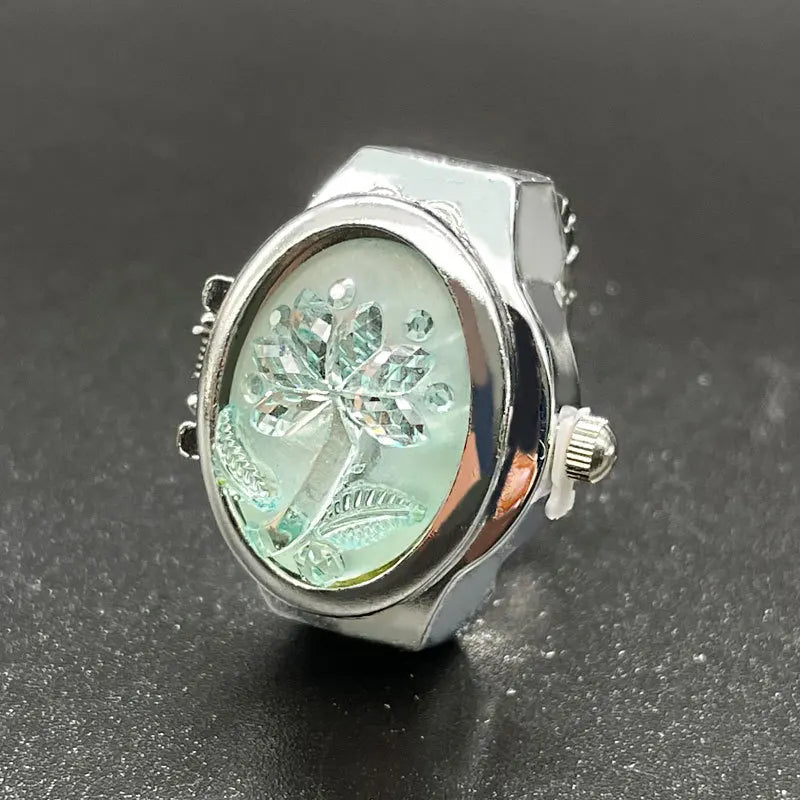 Fashion Women Ring Watch Elliptical Stereo Flower Ladies Clamshell Watches Adjustable Rings Quartz Watches Gifts For Women Ring