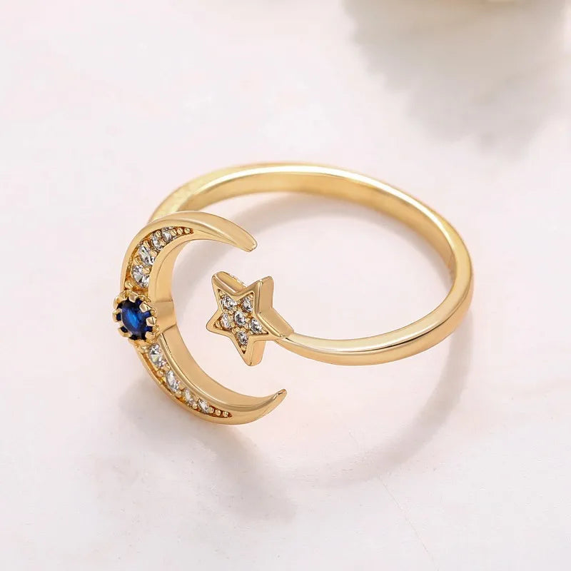 Huitan Moon and Star Designed Women Finger Rings Opening Adjustable Exquisite Girls Index Rings Daily Wearable Statement Jewelry