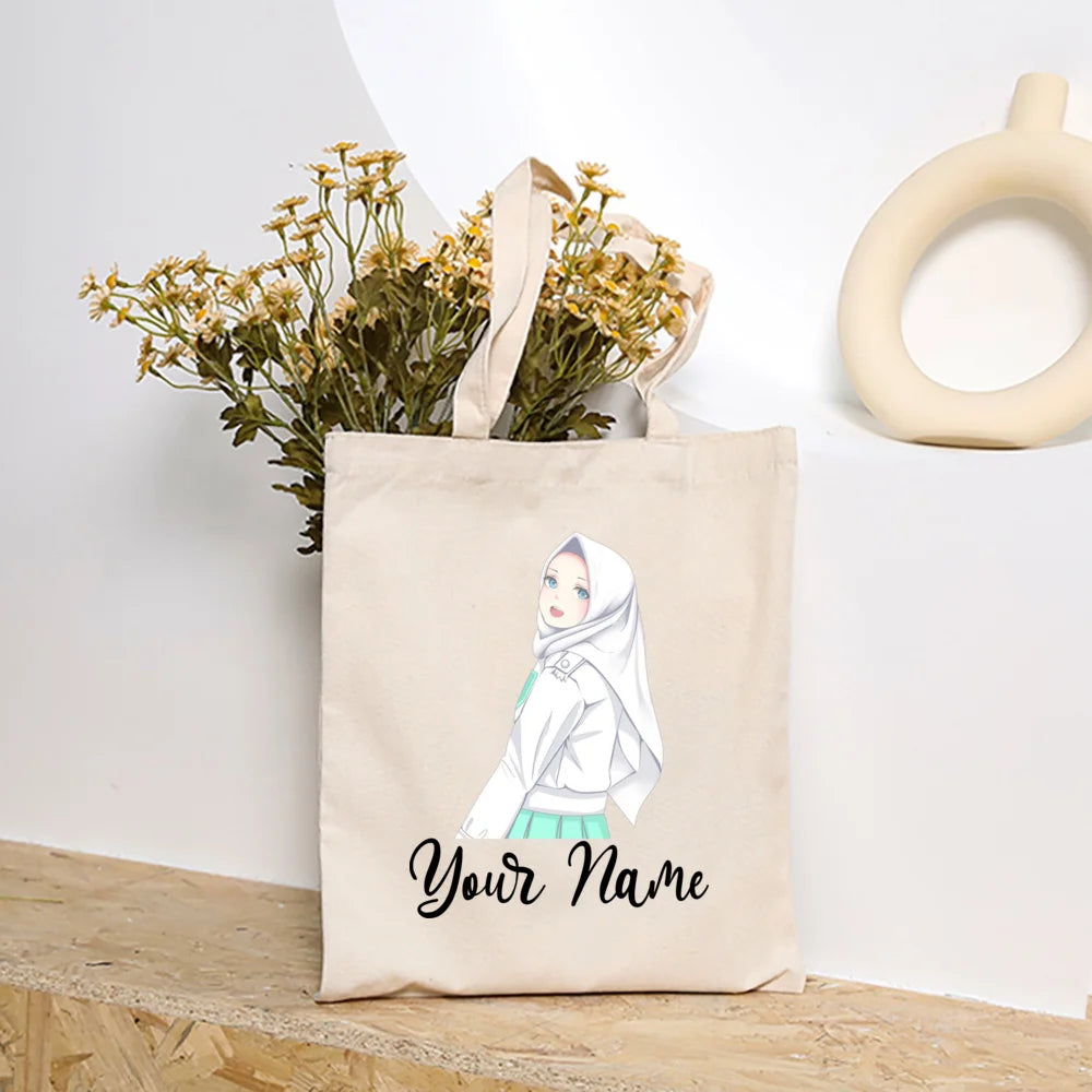 Personalized Hijabi Girls with Name Shoulder Bag Female Travel Canvas Bags Muslim Girls Handbag Harajuku Tote Eid Gift for Her