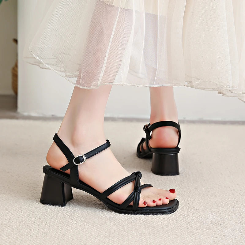 Women's Sandals Summer New Square Heel High Shoes Fashion Roman Sandals Black and White Open Toed Woman Slippers Ladies Shoes