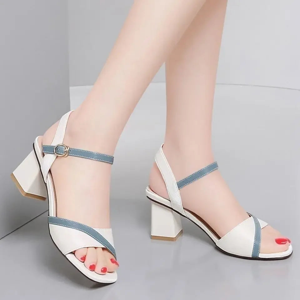 Sandals for Women Block Heel Footwear with Medium Heels Leather One Word Summer 2025 Ladies Shoes Comfortable and Elegant F H Or