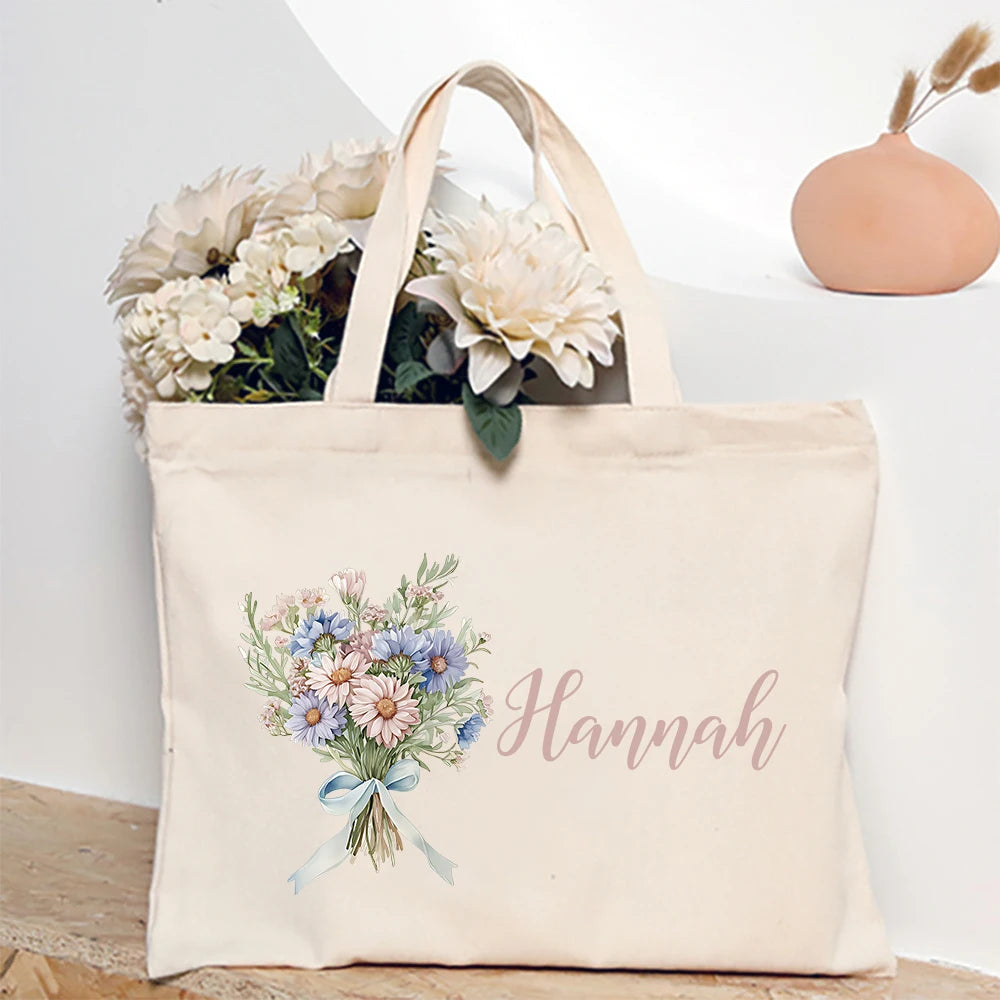 Personalized Shoulder Bag Birth Month Flower with Name Tote Bag Monogram Canvas Bags Wendding Birthday Holiday Best Gift for Her