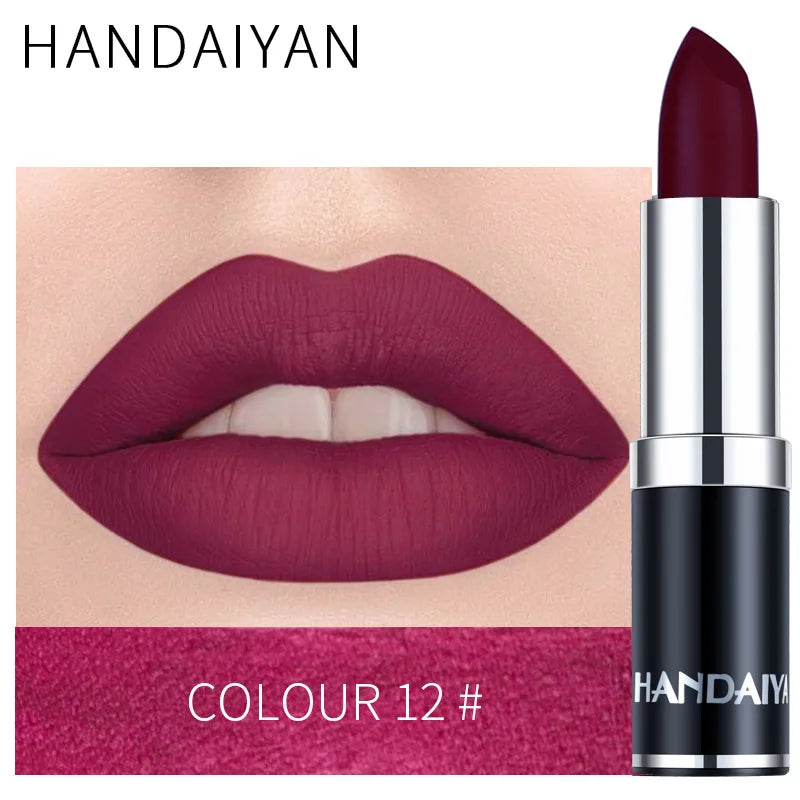 HANDAIYAN 12 Colors Matte Lipstick Long Lasting Velvet Lip Tint Waterproof 24 Hours Red Lip Gloss Cosmetics Make Up