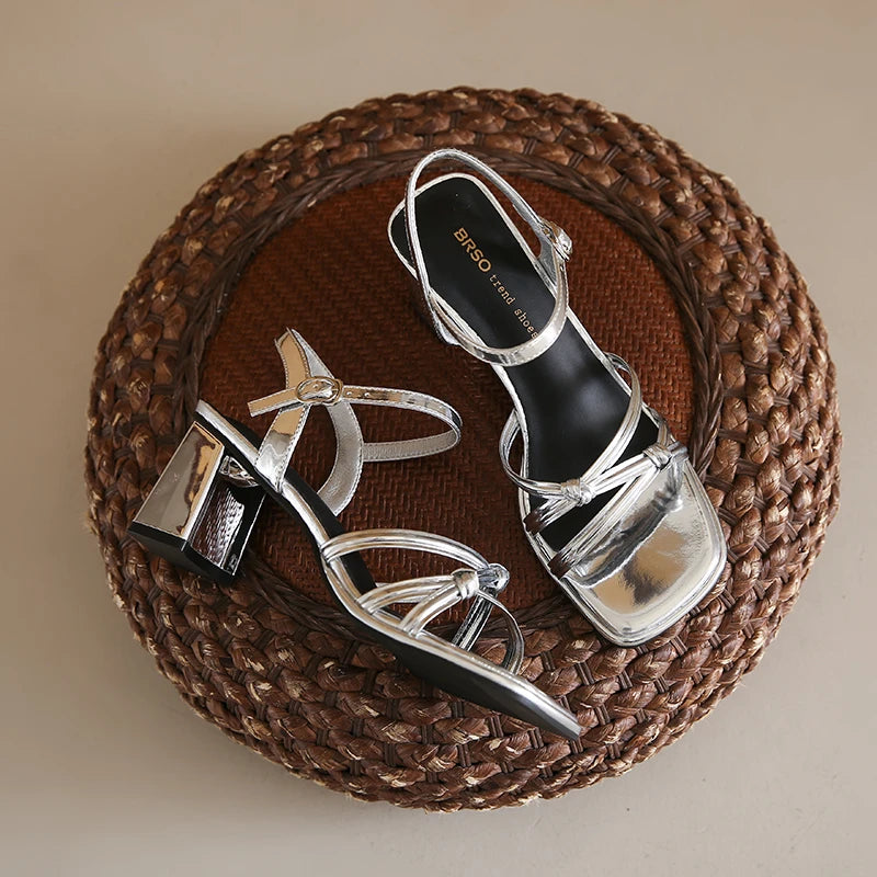 Summer Women Narrow Band Sandals Fashion Thick Heel Shoes Ladies Casual Dress Street Style Sandalis