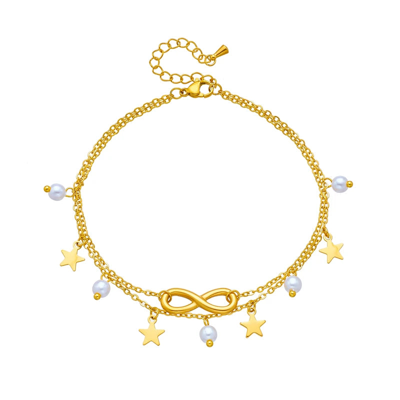 DIEYURO 316L Stainless Steel Star Pearl Number 8 Charm Anklet For Women Girl New Trend Multilayer Chains Anti-Rust Jewelry Gift