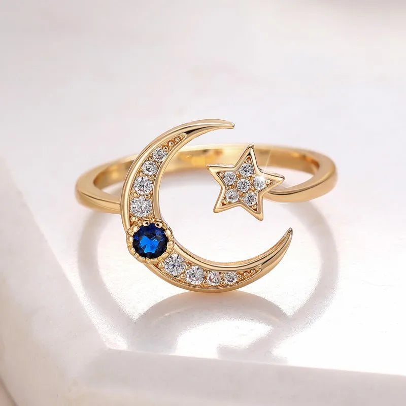 Huitan Moon and Star Designed Women Finger Rings Opening Adjustable Exquisite Girls Index Rings Daily Wearable Statement Jewelry