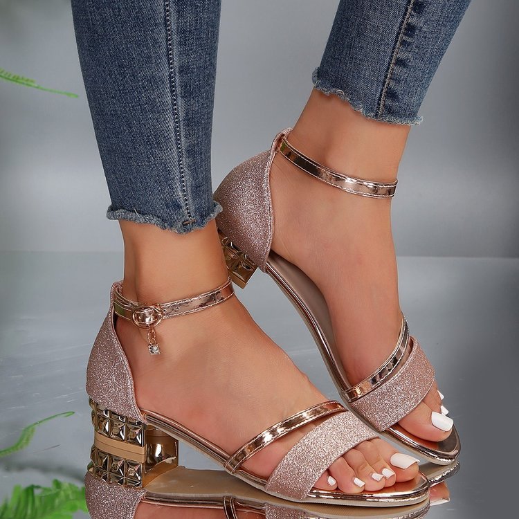 Foreign trade plus size buckle sandals for women 2023 Summer new rhinestone bag heel open toe mid heel Roman sandals for women