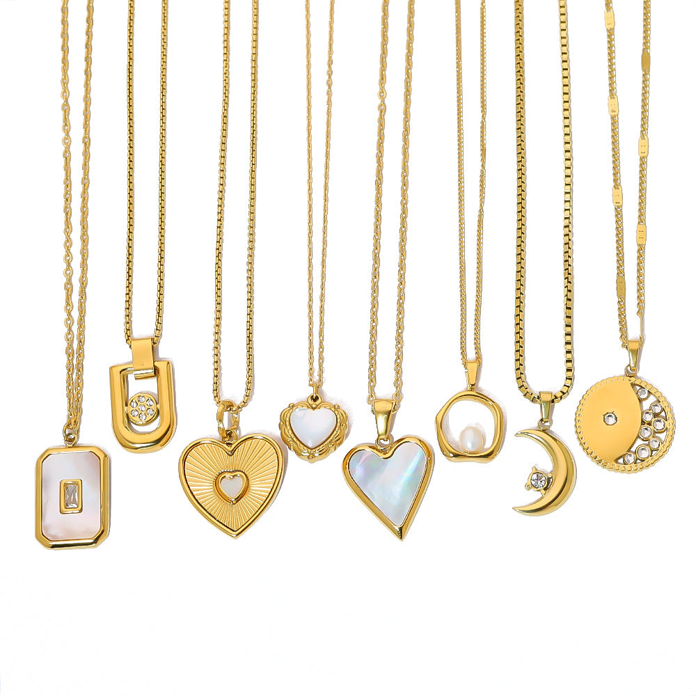 French-Style Fashion Light Luxury Versatile Necklace, Real Gold Plated, Non-Fading, Clavicle Chain, Suitable for Bathing, Mother-Of-Pearl Pendant, Heart-Shaped Necklace